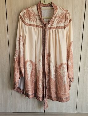 Cream and Rust Paisley Boho Tie-Neck Blouse With Batwing Sleeves.